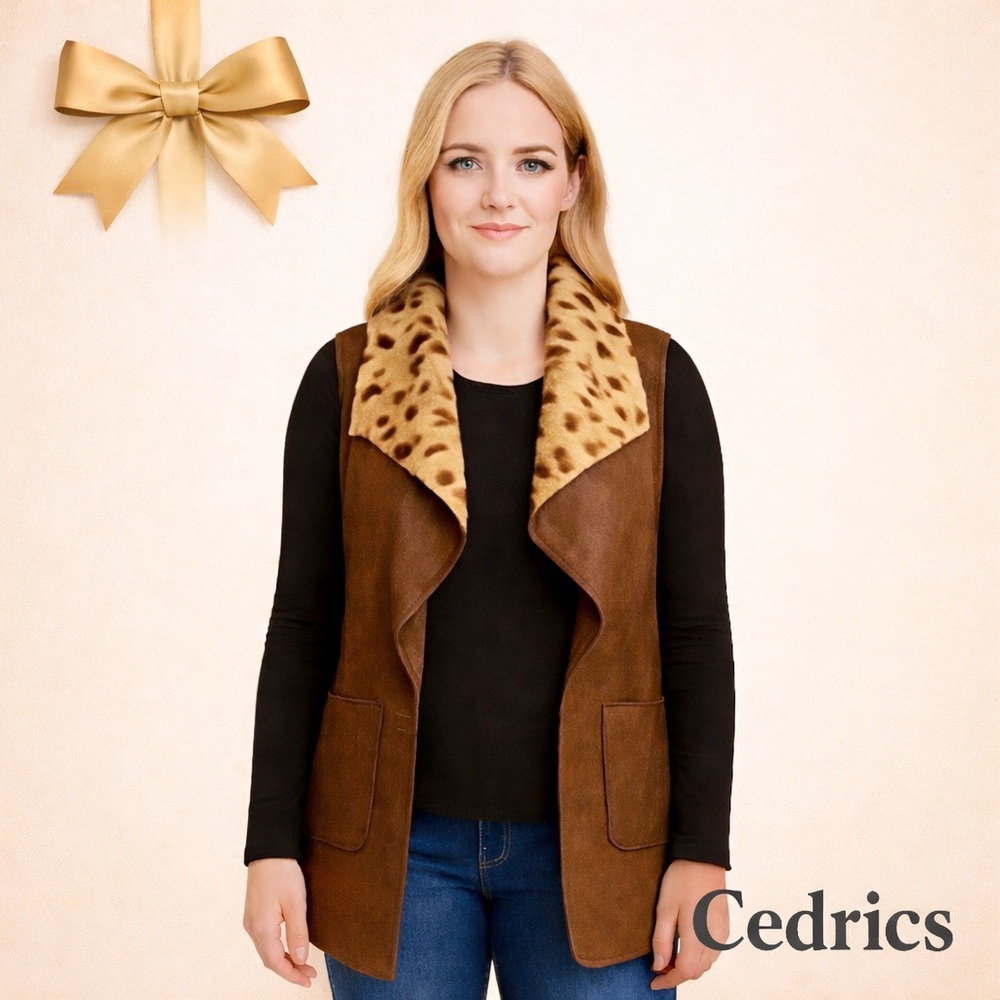 Faux Shearling Leather Look Vest Leopard Collar Brown Fall Layering Medium